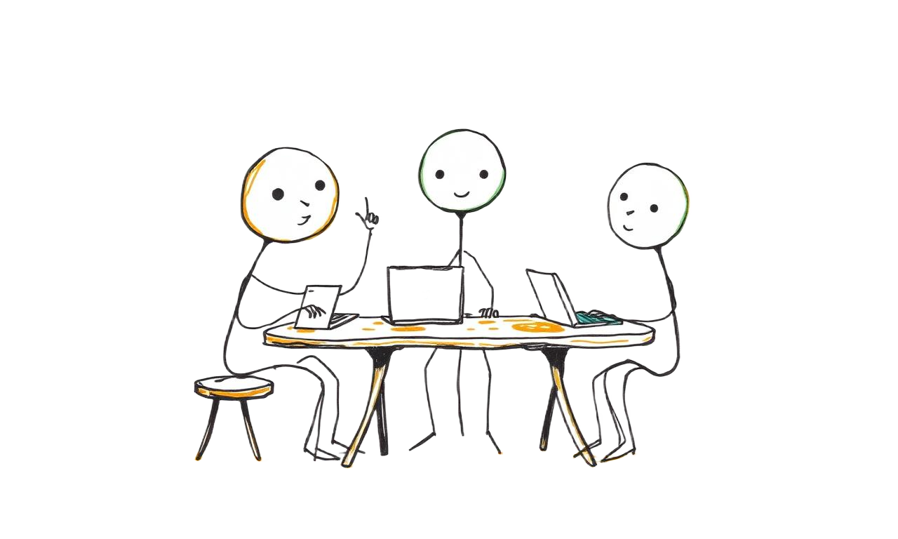 Three stick figures working on laptops at a workshop table